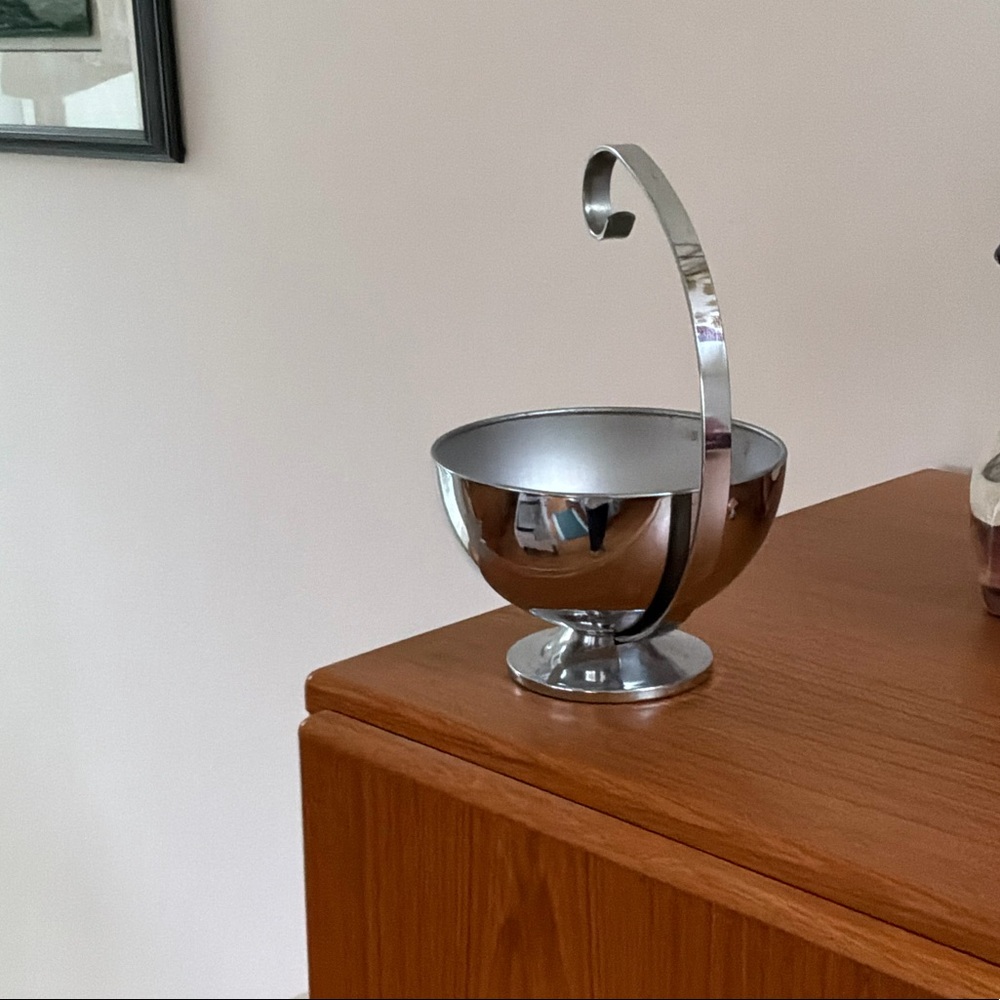 Stylish Silver tone Bowl with Handle Art deco